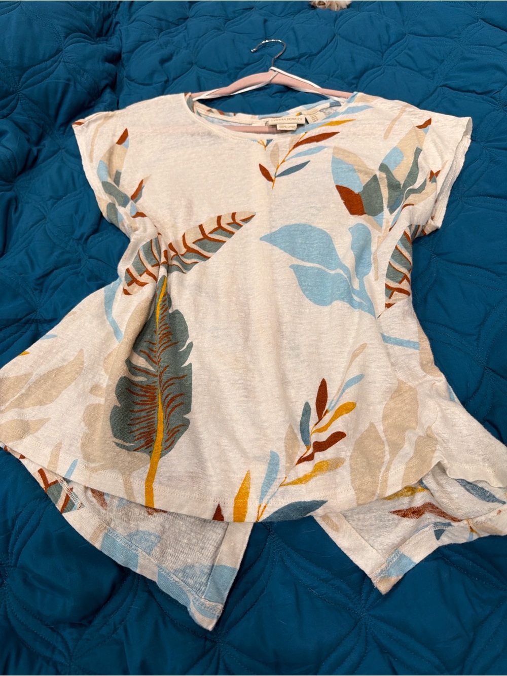 Cynthia Rowley Cream Botanical Print Flutter Tee with Blue & Mustard Accents